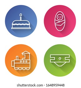 Set line Cake with burning candles, Newborn baby infant swaddled, Toy train and Baby absorbent diaper. Color circle button. Vector