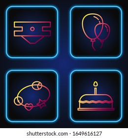 Set line Cake with burning candles, Rattle baby toy, Baby absorbent diaper and Balloons with ribbon. Gradient color icons. Vector