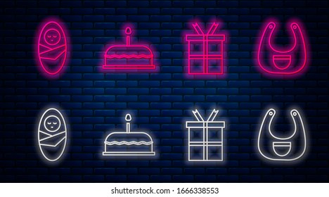 Set line Cake with burning candles, Gift box, Newborn baby infant swaddled and Baby bib. Glowing neon icon on brick wall. Vector