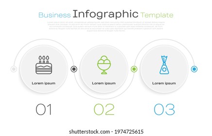 Set line Cake with burning candles, Ice cream bowl and Candy. Business infographic template. Vector
