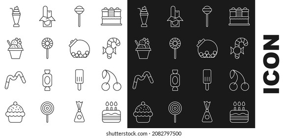 Set line Cake with burning candles, Cherry, Christmas candy cane, Lollipop, Ice cream bowl, Milkshake and Glass jar candies inside icon. Vector