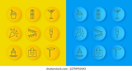 Set line Cake with burning candles, Festive confetti, Carnival garland flags, Paper mustache stick, Ice cream, Martini glass and Gift box icon. Vector