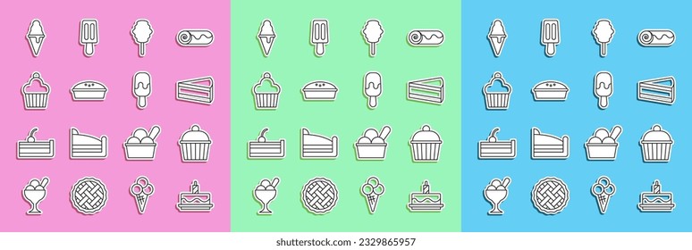 Set line Cake with burning candles, Piece of cake, Cotton candy, Homemade pie, Ice cream waffle cone and  icon. Vector
