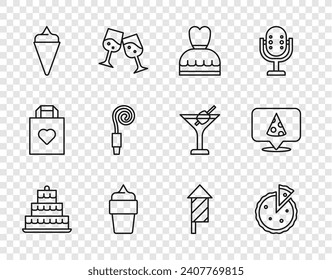 Set line Cake with burning candles, Homemade pie, Woman dress, Ice cream waffle cone, Birthday party horn, Firework rocket and Slice of pizza icon. Vector