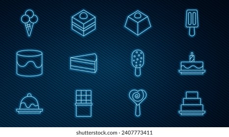 Set line Cake, with burning candles, Brownie chocolate cake, Piece of, Ice cream waffle cone,  and  icon. Vector