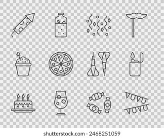 Set line Cake with burning candles, Carnival garland flags, Festive confetti, Cocktail alcohol drink, Firework rocket, Pizza, Candy and Lighter icon. Vector