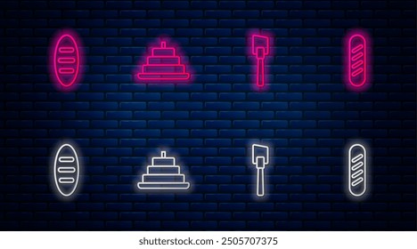 Set line Cake with burning candles, Spatula, Bread loaf and French baguette bread. Glowing neon icon on brick wall. Vector