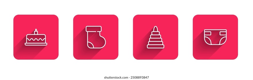 Set line Cake with burning candles, Baby socks clothes, Pyramid toy and absorbent diaper with long shadow. Red square button. Vector