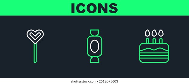 Set line Cake with burning candles, Lollipop and Candy icon. Vector