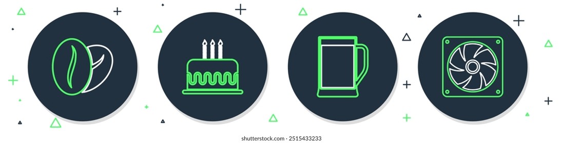 Set line Cake with burning candles, Glass of beer, Coffee beans and Computer cooler icon. Vector