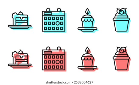 Fije la línea de la torta con las velas ardientes, la torta, el calendario del cumpleaños y el icono de la torta. Vector
