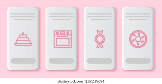Set line Cake with burning candles, Oven, Candy and Donut. White rectangle button. Vector