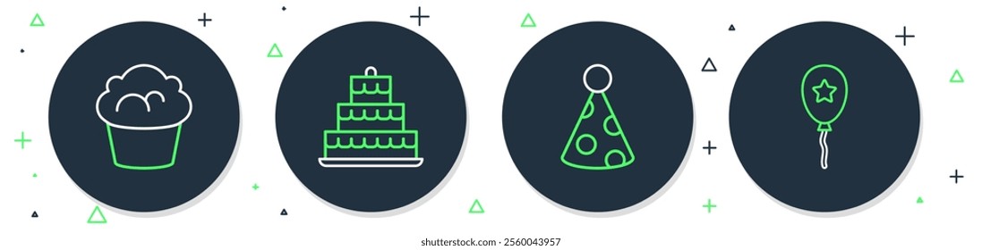Set line Cake with burning candles, Party hat, Muffin and Balloon ribbon icon. Vector