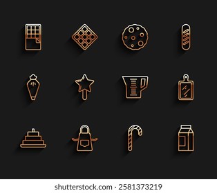 Set line Cake with burning candles, Kitchen apron, Chocolate bar, Christmas candy cane, Paper package for milk, Lollipop, Cutting board and Measuring cup icon. Vector