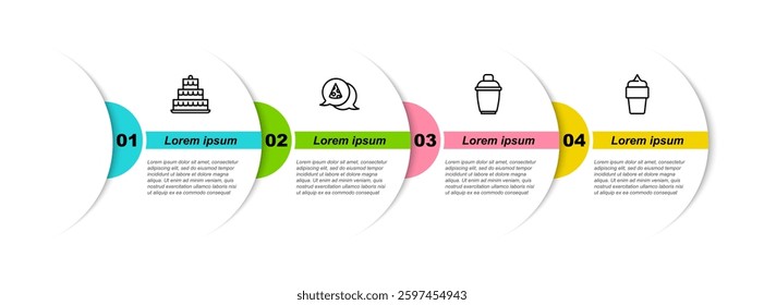 Set line Cake with burning candles, Slice of pizza, Cocktail shaker and Ice cream waffle cone. Business infographic template. Vector