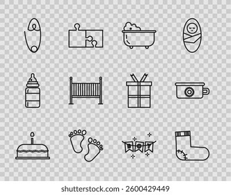 Set line Cake with burning candles, Baby socks clothes, bathtub, footprints, Classic steel safety pin, crib cradle bed, Carnival garland flags and potty icon. Vector