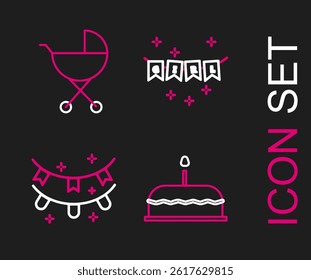 Set line Cake with burning candles, Carnival garland flags,  and Baby stroller icon. Vector
