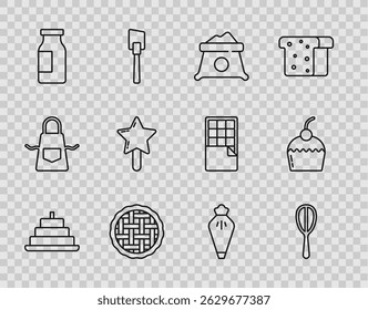 Set line Cake with burning candles, Kitchen whisk, Bag of flour, Homemade pie, Bottle milk, Lollipop, Pastry bag and  icon. Vector