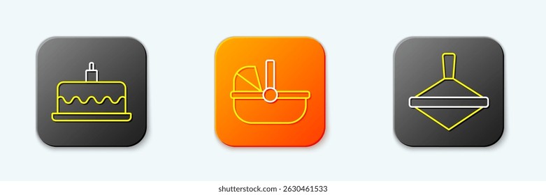 Set line Cake with burning candles, Baby stroller and Whirligig toy icon. Vector