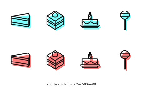 Set line Cake with burning candles, Piece of cake, Brownie chocolate and Lollipop icon. Vector