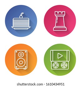 Set line Cake, Chess symbol, Stereo speaker and Portable video game console. Color circle button. Vector