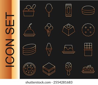 Set line Cake, Chocolate bar, Cookie or biscuit, Candy, Ice cream in waffle cone, Cherry cheesecake, bowl and Brownie chocolate icon. Vector