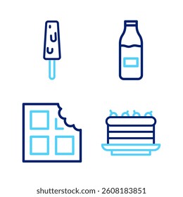 Set line Cake, Chocolate bar, Bottle with milk and Ice cream icon. Vector