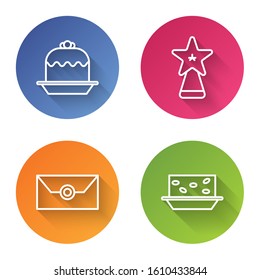 Set line Cake, Christmas star, Envelope with christmas party invitation card and Nougat with nuts. Color circle button. Vector