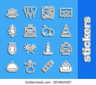 Set line Cake, Christmas sweater, Party hat, Vinyl player with vinyl disk, Interior fireplace, tree,  and Tangerine icon. Vector