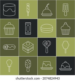 Set line Cake, Cotton candy, Cherry cheesecake, Candy,  and Macaron cookie icon. Vector