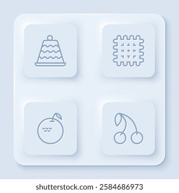 Set line Cake, Cracker biscuit, Apple and Cherry. White square button. Vector