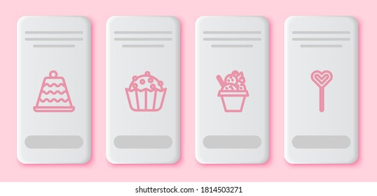 Set line Cake, Cupcake, Ice cream in bowl and Lollipop. White rectangle button. Vector