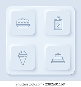Set line Cake, Cutting board, Ice cream waffle cone and with burning candles. White square button. Vector