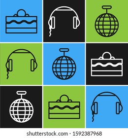 Set line Cake , Disco ball  and Headphones  icon. Vector