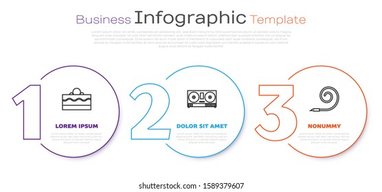 Set line Cake , DJ remote for playing and mixing music  and Birthday party horn . Business infographic template. Vector