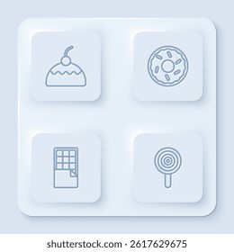 Set line Cake, Donut, Chocolate bar and Lollipop. White square button. Vector