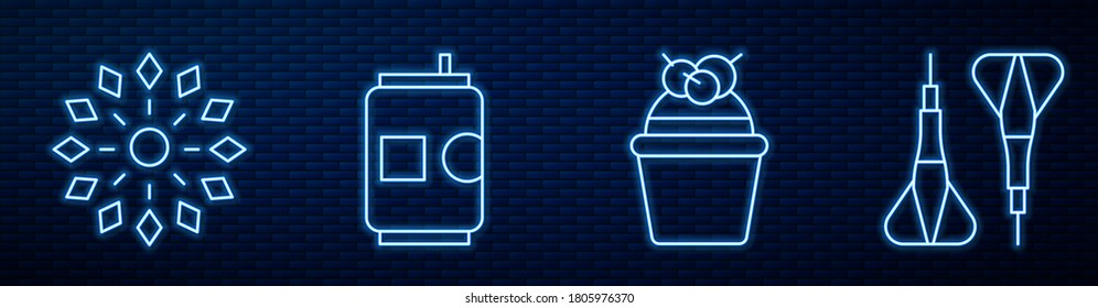 Set line Cake, Firework, Beer can and Dart arrow. Glowing neon icon on brick wall. Vector
