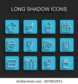 Set line Cake, Fork, spoon and knife, Chef hat, with location, Coffee cup, Wine glass, Salt and pot icon. Vector
