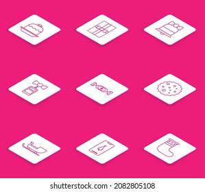 Set line Cake, Gift box, Merry Christmas ringing bell, Price tag with an inscription Sale, Candy, Cookie or biscuit chocolate, santa claus sleigh and Smartphone gift icon. Vector