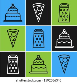Set line Cake , Grater  and Slice of pizza  icon. Vector