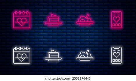 Set line Cake, Healthy food, Heart rate and Mobile with heart. Glowing neon icon on brick wall. Vector