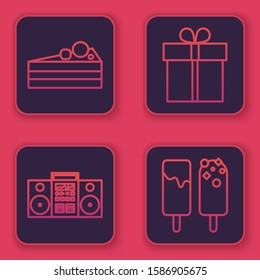 Set line Cake , Home stereo with two speakers , Gift box  and Ice cream . Blue square button. Vector