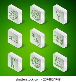 Set line Cake, Homemade pie, Cookie or biscuit, Candy, Croissant, Donut,  and Piece of cake icon. Vector