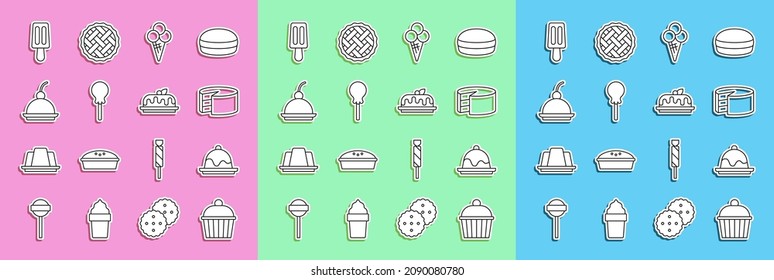 Set line Cake, Ice cream in waffle cone, Lollipop, Cherry cheesecake,  and  icon. Vector