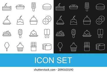 Set line Cake, Ice cream, Cookie or biscuit, Pudding custard, Cherry cheesecake,  and  icon. Vector