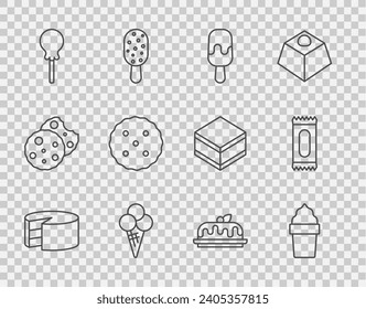 Set line Cake, Ice cream in waffle cone, Lollipop, Cookie or biscuit,  and Candy icon. Vector