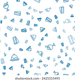Set line Cake, Ice cream in bowl and Piece of cake on seamless pattern. Vector