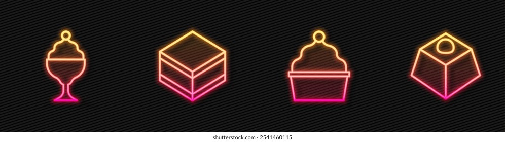 Set line Cake, Ice cream in bowl, Brownie chocolate cake and . Glowing neon icon. Vector