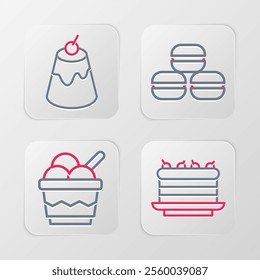 Set line Cake, Ice cream in bowl, Macaron cookie and Pudding custard icon. Vector