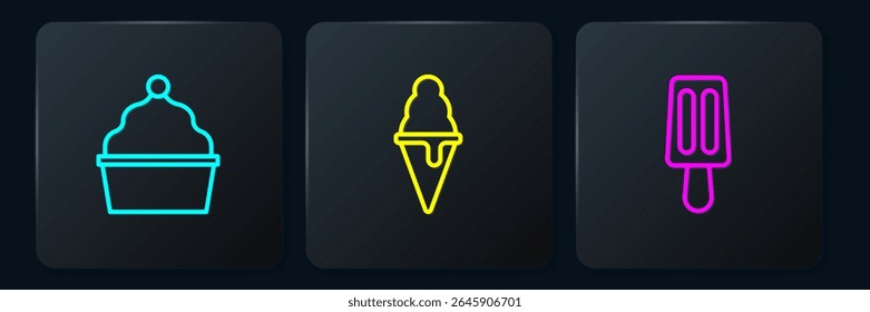 Set line Cake, Ice cream and in waffle cone. Black square button. Vector